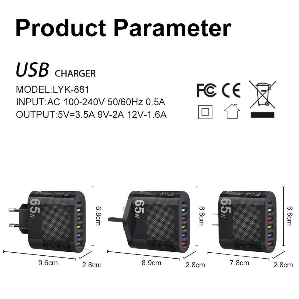 Cargador Pared USB Múltiple 6 Puertos 65W Carga Rápida Alta Velocidad (PD, QC 3.0) Adaptador Móvil para Huawei Mate 60/Xiaomi 13