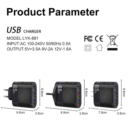 Cargador Pared USB Múltiple 6 Puertos 65W Carga Rápida Alta Velocidad (PD, QC 3.0) Adaptador Móvil para Huawei Mate 60/Xiaomi 13