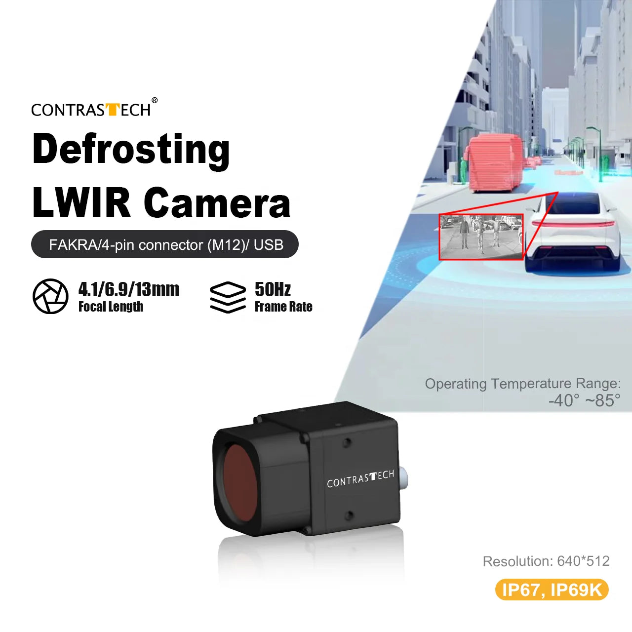 Módulo Cámara Térmica FLIR (640x512, 50Hz) Visión Nocturna para Auto - Carcasa IP67/IP69K, NETD<40mk, NUC LWIR