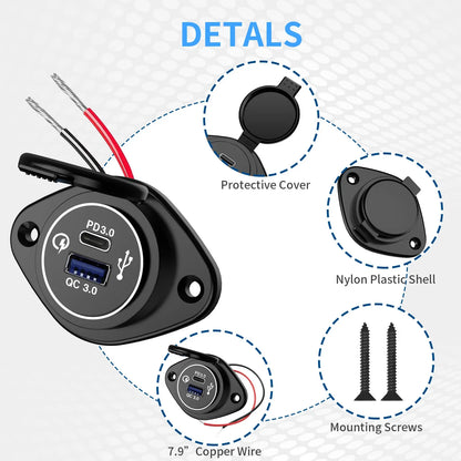 Panel Salida USB RV 12V PD 36W (USB-C) + QC3.0 18W (USB-A) Socket Cargador Auto Carga Rápida
