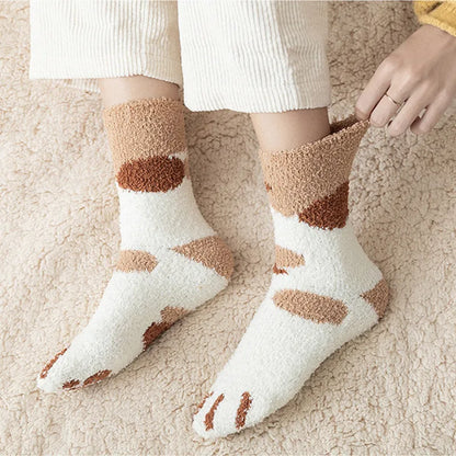 Calcetines Blancos Mujer Felpa Cálidos Diseño Kawaii Cartoon Patita Gato/Perro 3D Divertidos para Casa/Dormir