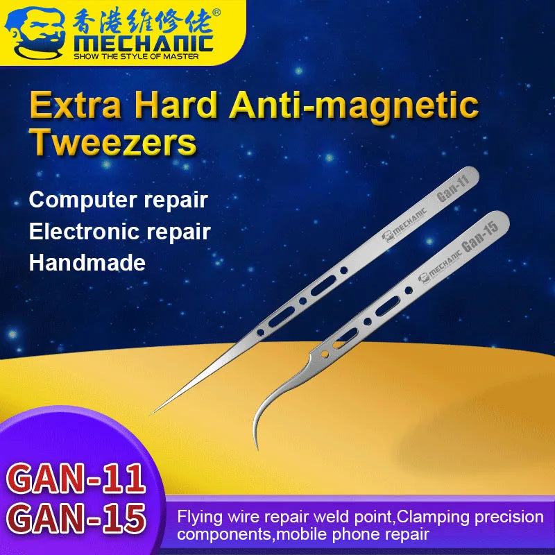 Pinzas Precisión MECHANIC GAN-11 / GAN-15 (Extra Duras, No Magnéticas) para Reparación Teléfono/Electrónica (Cable Salto)
