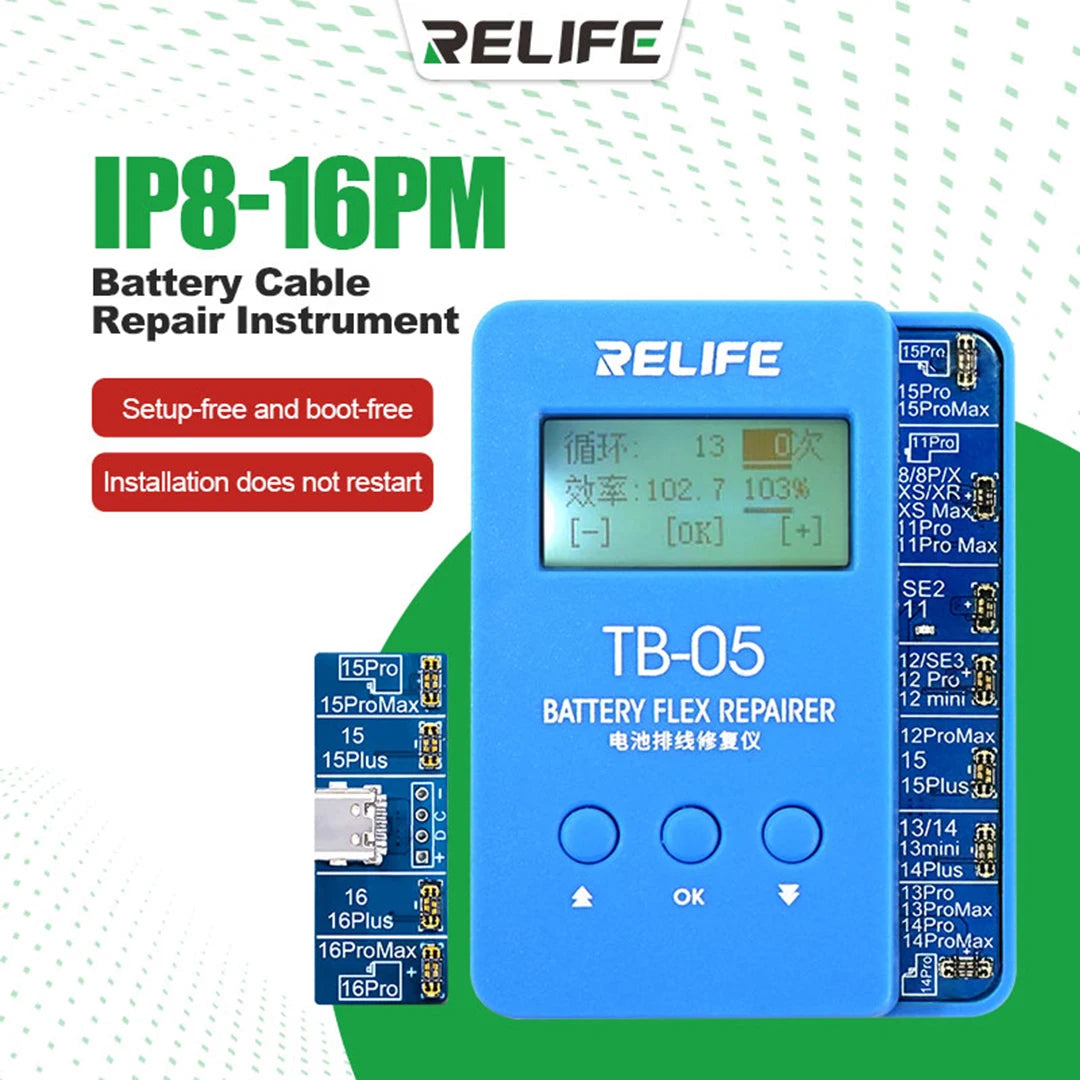 RELIFE TB-05 Battery Repair Instrument Tag On Flex Setup-free For IPhone 8G-16PM Battery Health Data Reading Writing Fix Tools