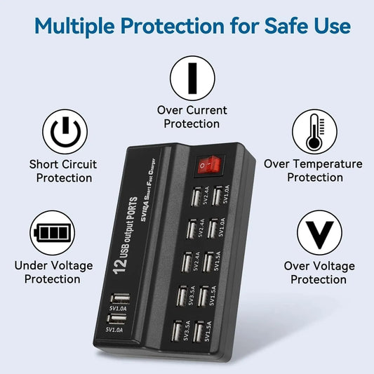 Estación Carga USB Escritorio 12 Puertos Hub Múltiple Adaptador para Teléfono Móvil/Dispositivos USB