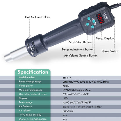 YIHUA Micro Hot Air Gun  C/F Temp Adjusted 8858IV 700W Soldering Rework Welding Station LCD Digital Heat Gun BGA IC Solder Tools