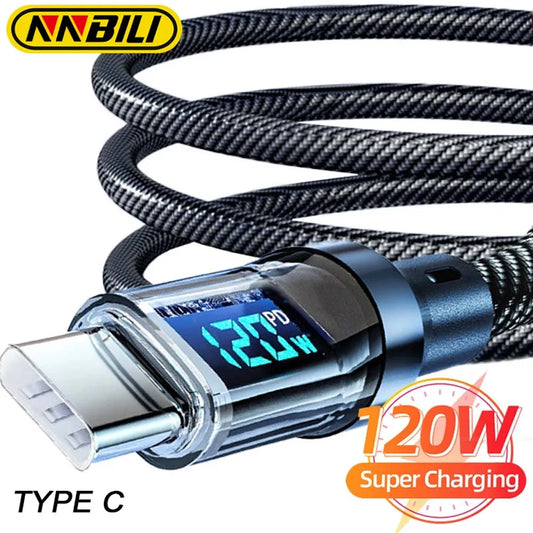 Cable NNBILI Tipo C a Tipo C / USB a Tipo C 120W Carga Super Rápida con Pantalla LED y Datos para Huawei/Oppo/Vivo