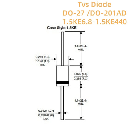 Diodo TVS 1500W DO-201AD - Varios Voltajes (1.5KE62A a 1.5KE160A) - Lote 20 Piezas