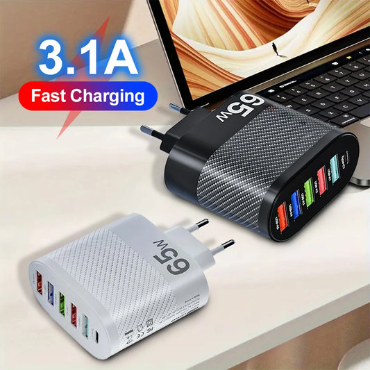 Cargador Pared USB 5 Puertos 3.1A Adaptador Carga PD QC 3.0 para Xiaomi/iPhone 13/Samsung