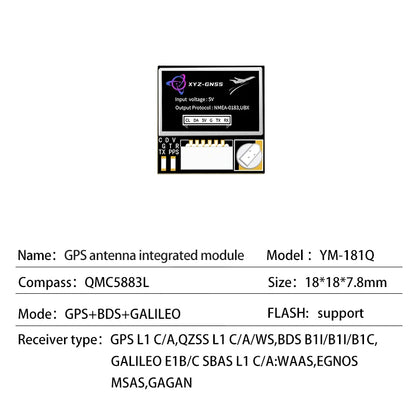 Módulo GPS Beidou XYZ-GNSS YM-181Q (M10050) Pequeño con Antena Cerámica, Compás y Flash para Control Vuelo Drones