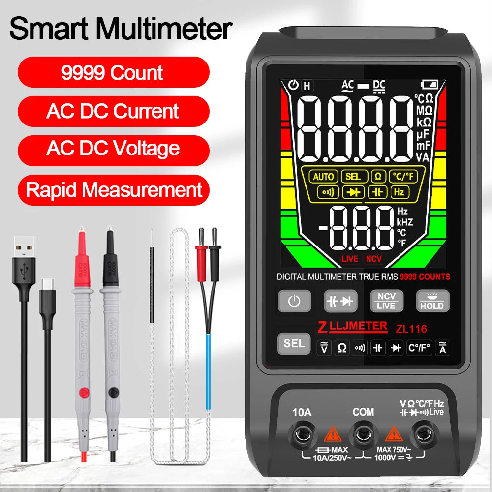 Multímetro Digital Inteligente USB (9999 Cuentas) - Pantalla Grande, AC/DC, Capacitancia, Ohm, Hz, Temp