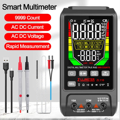 Multímetro Digital Inteligente USB (9999 Cuentas) - Pantalla Grande, AC/DC, Capacitancia, Ohm, Hz, Temp