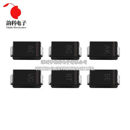 Diodo TVS Unidireccional SMD SMAJ - Varios Voltajes (5.0A a 188A) SMA/DO-214AC - Lote 50 Piezas
