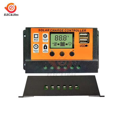 Controlador Carga Solar 100A 12V/24V Regulador Batería Panel Solar LCD Ajustable con Puerto USB