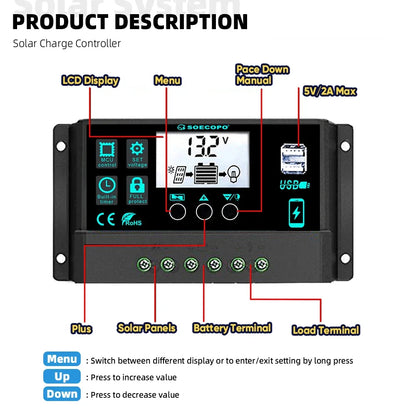 Controlador Carga Solar 100A 12V/24V AutoSwitch LCD Protección Sobrecarga/Cortocircuito para RV/Bote/Off-Grid