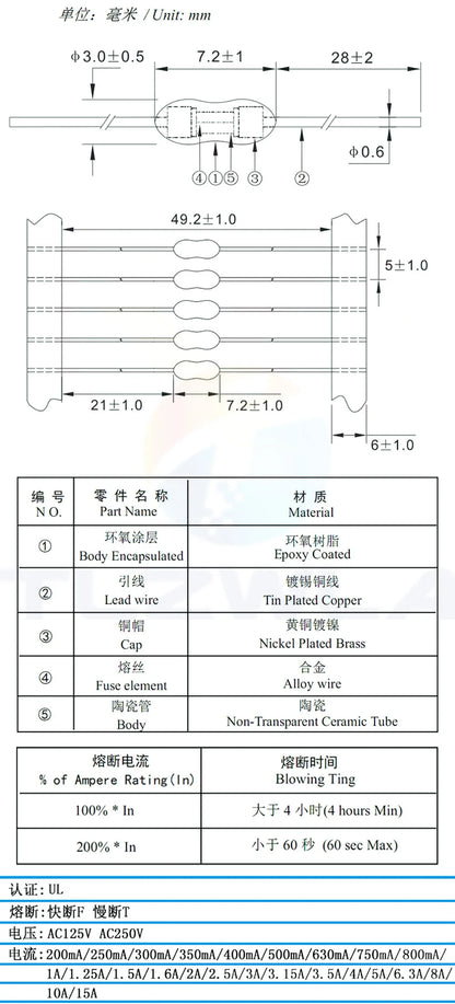 10PCS 2.4*7mm Axial Lead Green Fuse 125/250V 2.4 x 7 63mA 125mA 250mA 1A 2A 3A 4A 5A 7A 8A 10A Fast Blow PICO Resistance Fuse