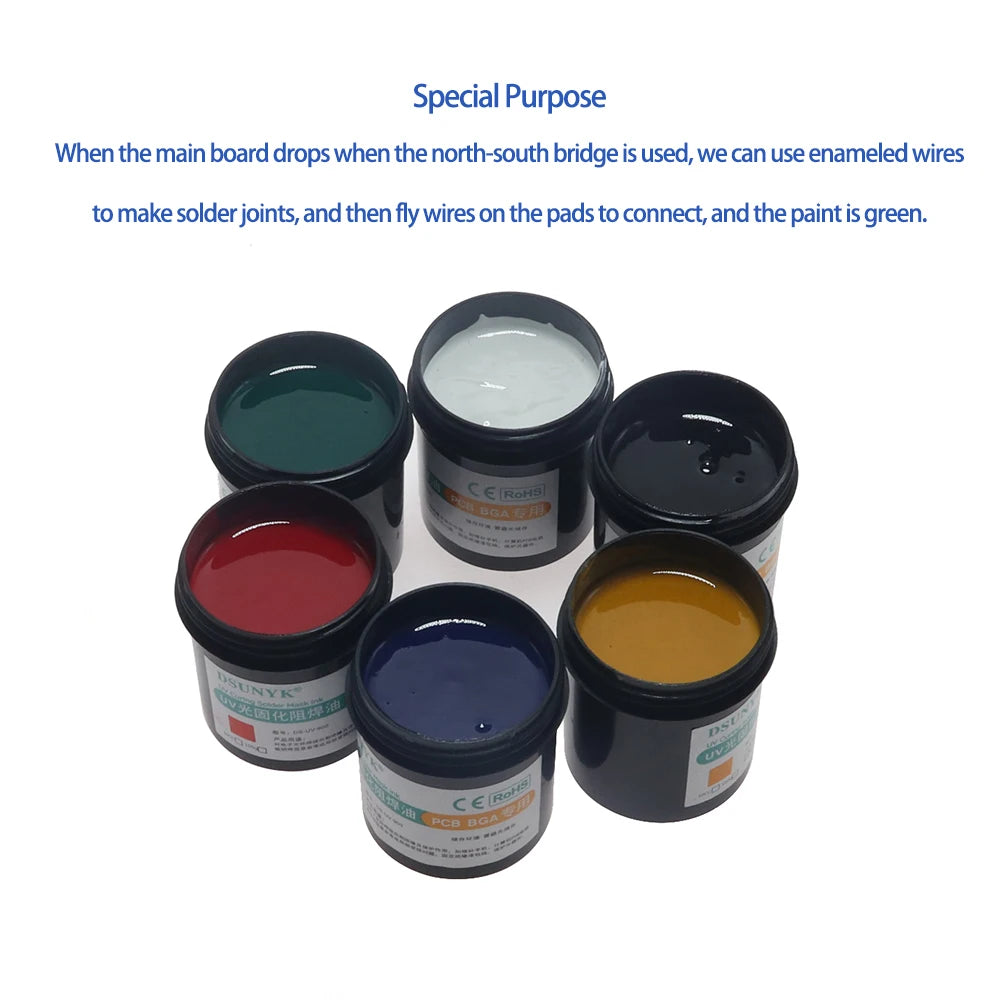Tinta Máscara Soldadura Fotosensible UV DSUNYK (100g) para Placa Circuito PCB BGA (Previene Corrosión/Arcos)