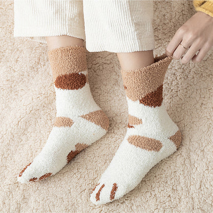 Calcetines Blancos Mujer Felpa Cálidos Diseño Kawaii Cartoon Patita Gato/Perro 3D Divertidos para Casa/Dormir