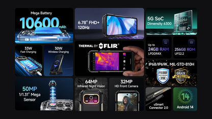 Celular Rugged Ulefone Armor 27T Pro 5G con Cámara Térmica FLIR® - 10600mAh, Android 14, 24GB/256GB, NFC