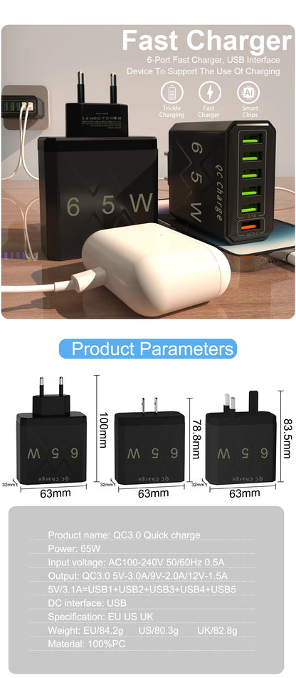 Adaptador Cargador Viaje Rápido USB 3.1A 6 en 1 Multi-Enchufe QC3.0 para iPhone 12/13/Samsung/Xiaomi