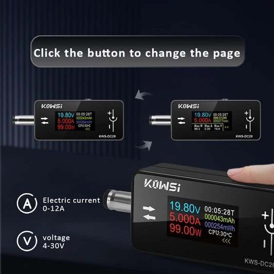 KWS-DC28 Interface Tester 4-30V 12A Voltage Current Tester Digital Voltmeter Ammeter 0.96 Inch TFT Color Screen Power Meter