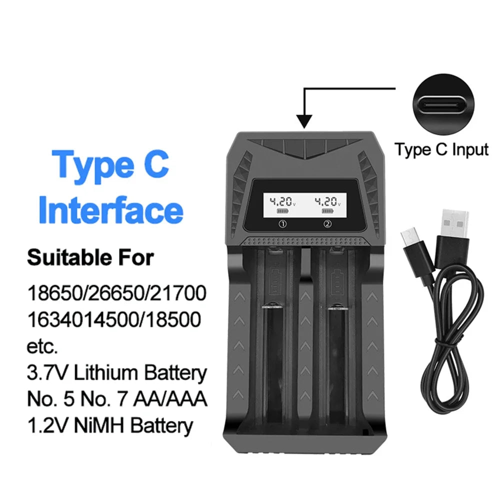 Cargador USB Inteligente Baterías LCD (1/2/4 Ranuras) para Litio Recargable 18650 (4.2V) / Ni-MH AA/AAA (1.2V)