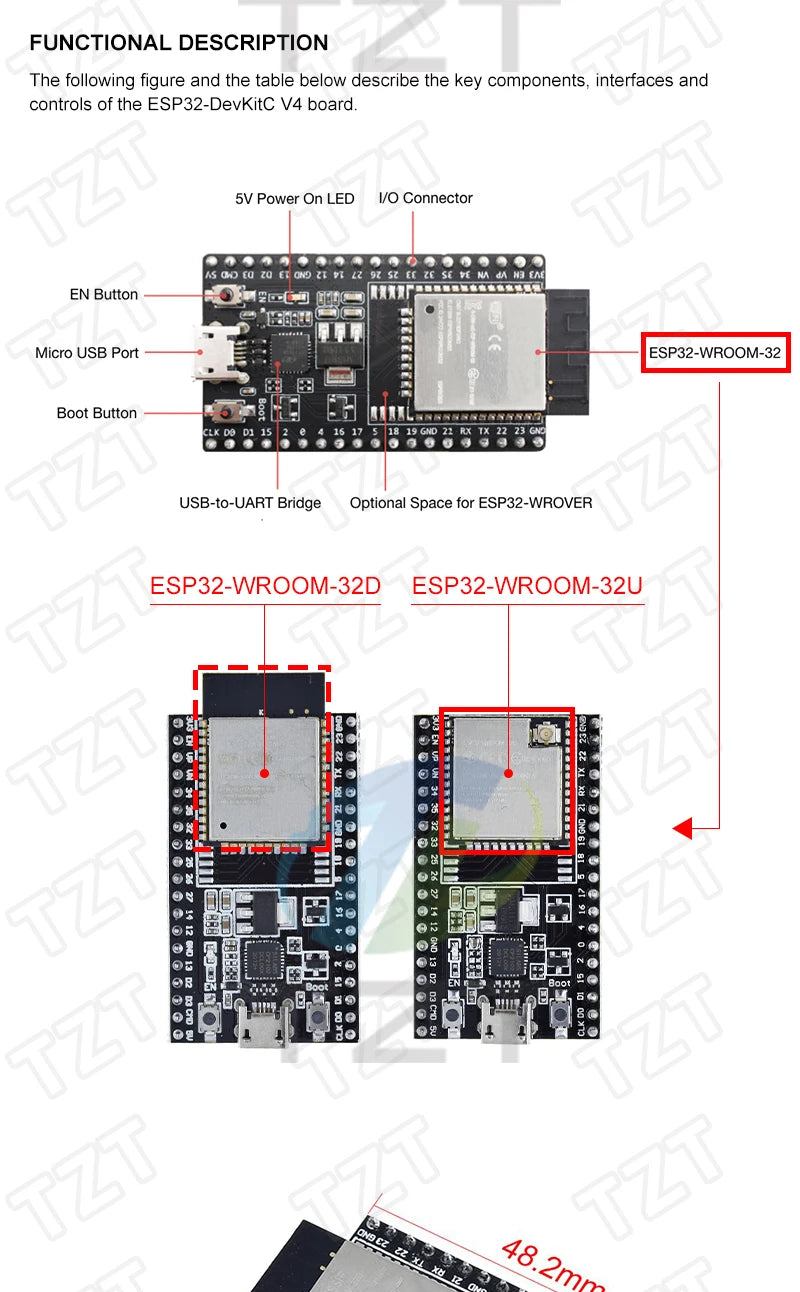 Placa Desarrollo DIYTZT ESP32 (ESP-32/ESP-32S/ESP32-CAM/ESP-WROOM-32) WiFi + Bluetooth Doble Núcleo Bajo Consumo