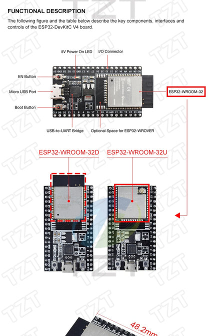 Placa Desarrollo DIYTZT ESP32 (ESP-32/ESP-32S/ESP32-CAM/ESP-WROOM-32) WiFi + Bluetooth Doble Núcleo Bajo Consumo