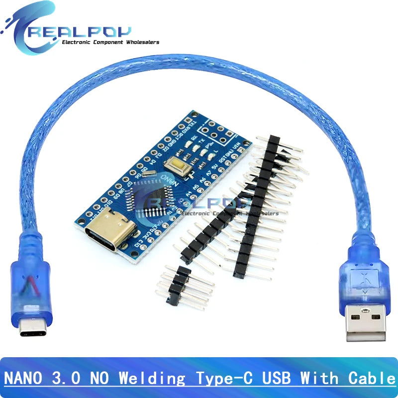 Placa Nano 3.0 (ATMEGA328P, 16MHz, CH340) con Bootloader (Puerto Mini/Tipo C/Micro USB) + Cable USB compatible Arduino