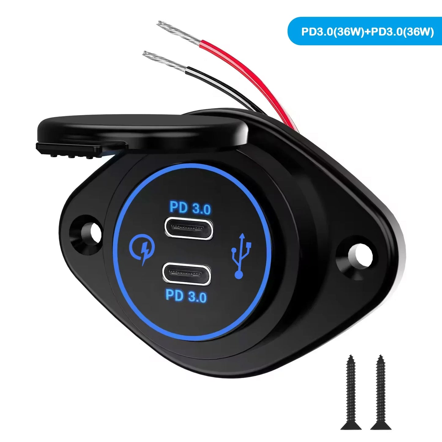 Panel Salida USB RV 12V PD 36W (USB-C) + QC3.0 18W (USB-A) Socket Cargador Auto Carga Rápida