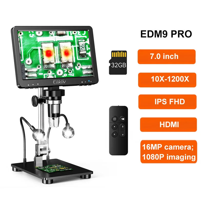 Elikliv EDM9 Pro 1200X HDMI Digital Microscope with 7'' IPS Screen 16MP Coin Soldering Electronic Microscope 32G for Windows Mac