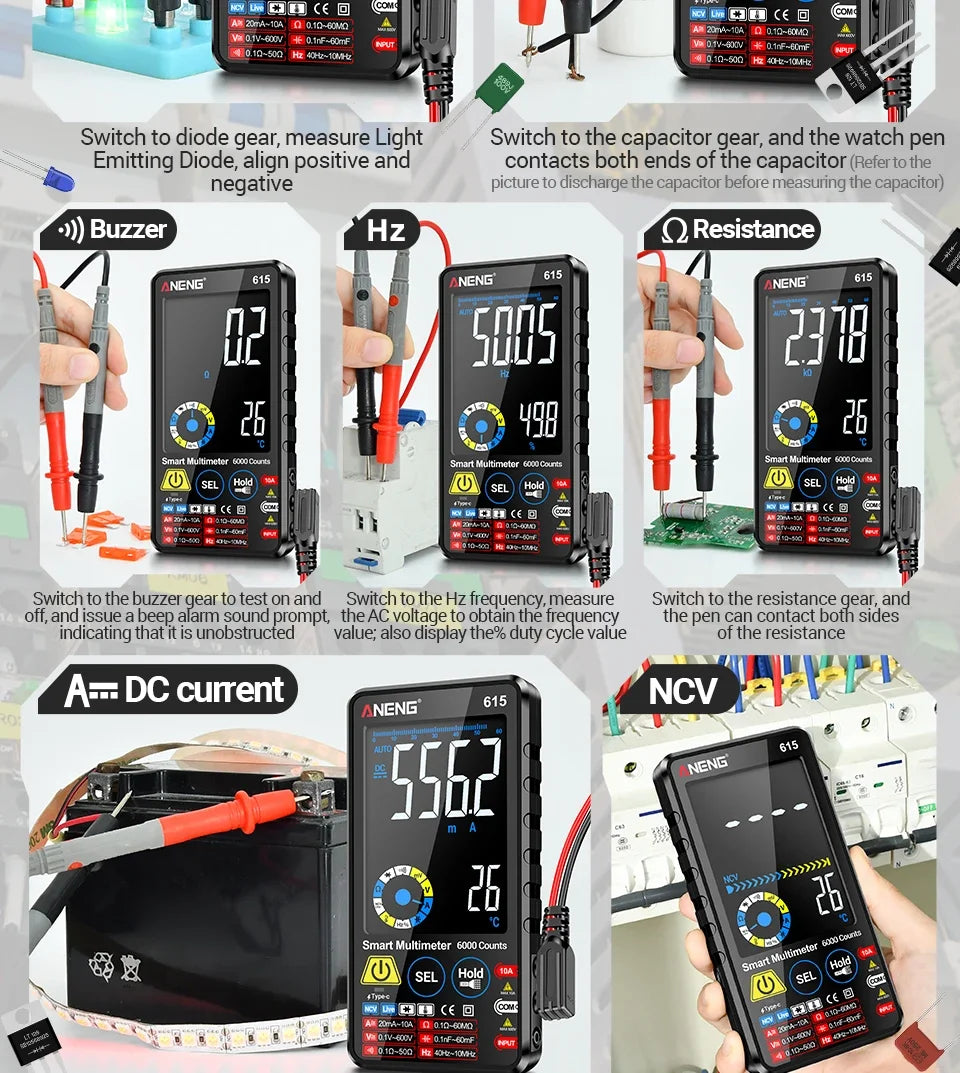 Multímetro Digital Inteligente ANENG AN-615 - Táctil Recargable (6000 Cuentas) Tester Voltaje/Corriente AC/DC