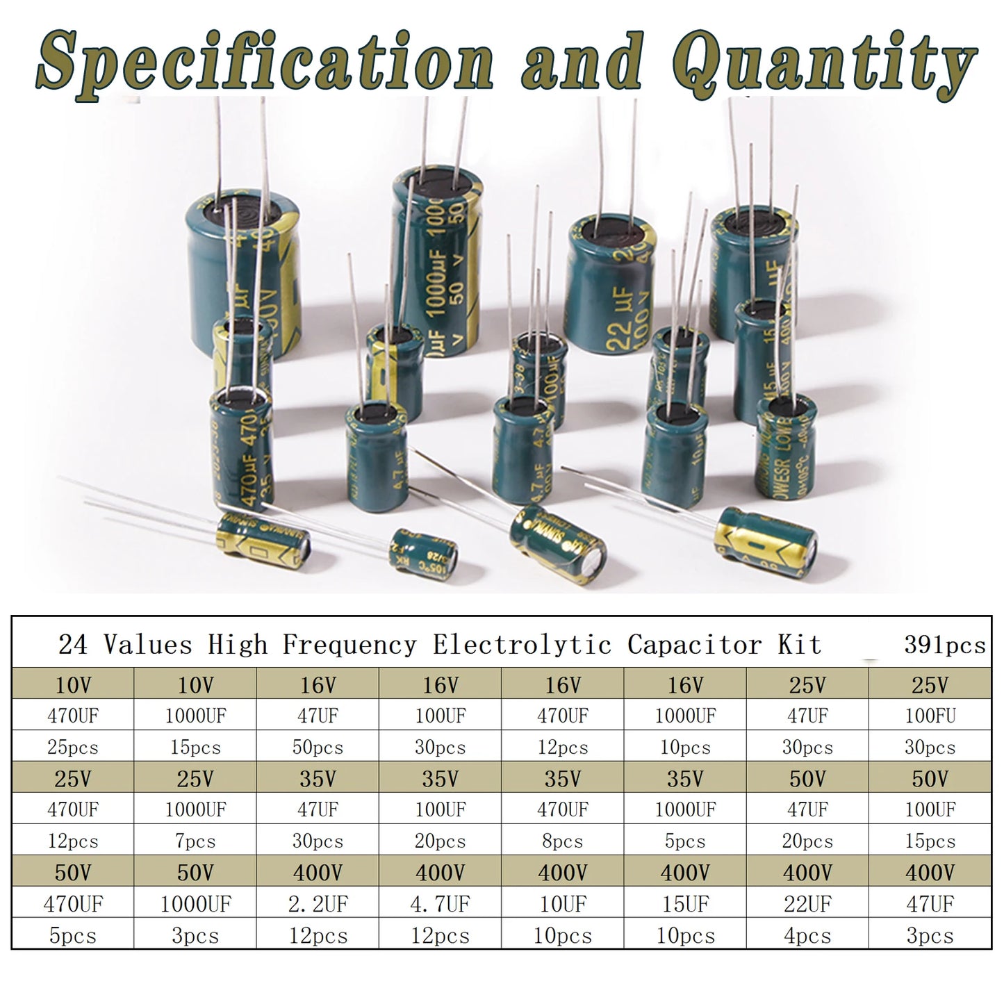 Kit Surtido Capacitores Electrolíticos Alta Frecuencia (10V-400V, 10uF-1000uF)