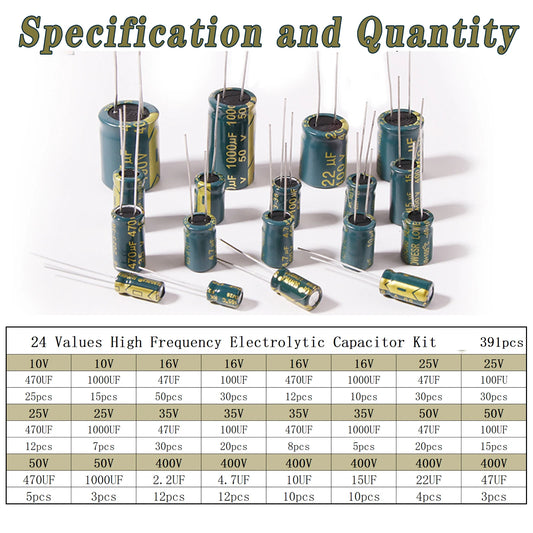 Kit Surtido Capacitores Electrolíticos Alta Frecuencia (10V-400V, 10uF-1000uF)