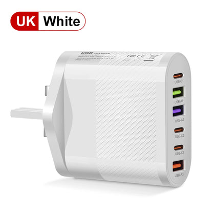 Cargador Pared USB C Múltiple 6 Puertos 65W Carga Rápida PD Adaptador Móvil para iPhone 14/15 Pro/Xiaomi/Samsung/Oneplus