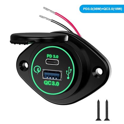 Panel Salida USB RV 12V PD 36W (USB-C) + QC3.0 18W (USB-A) Socket Cargador Auto Carga Rápida