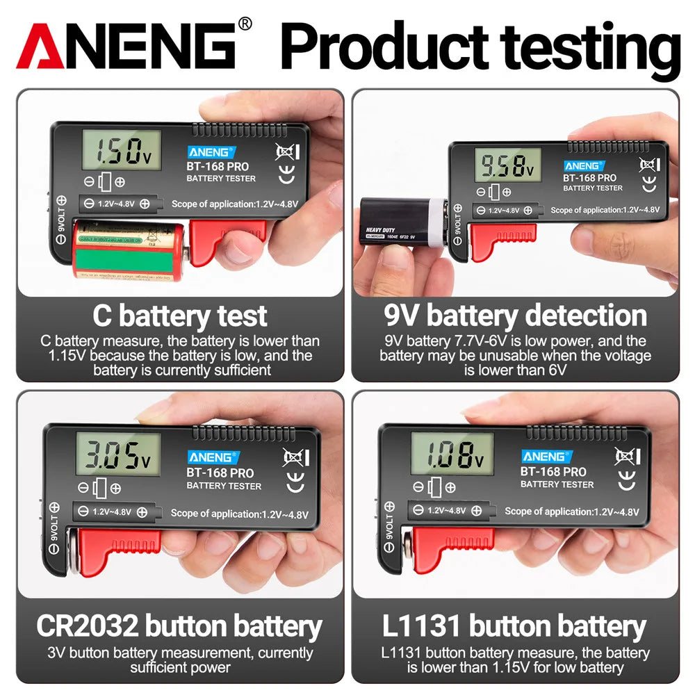 Probador Baterías Digital ANENG BT-168 PRO (Analizador Carga Capacidad) Universal para 9V/AAA/AA/Pila Botón