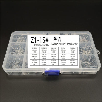 Kit Surtido Capacitores Electrolíticos Radiales 15 Valores (10V-50V, 0.1uF-220uF) (Lote 200 Unidades)