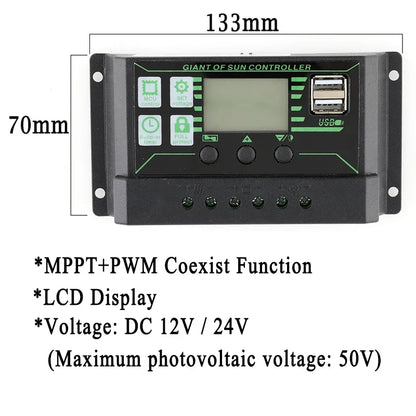 Controlador Carga Solar MPPT 10A-100A 12V/24V Max PV 50V Regulador Panel Dual USB Auto Display