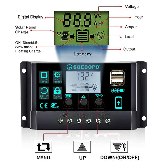 Controlador Carga Solar 100A 12V/24V AutoSwitch LCD Protección Sobrecarga/Cortocircuito para RV/Bote/Off-Grid