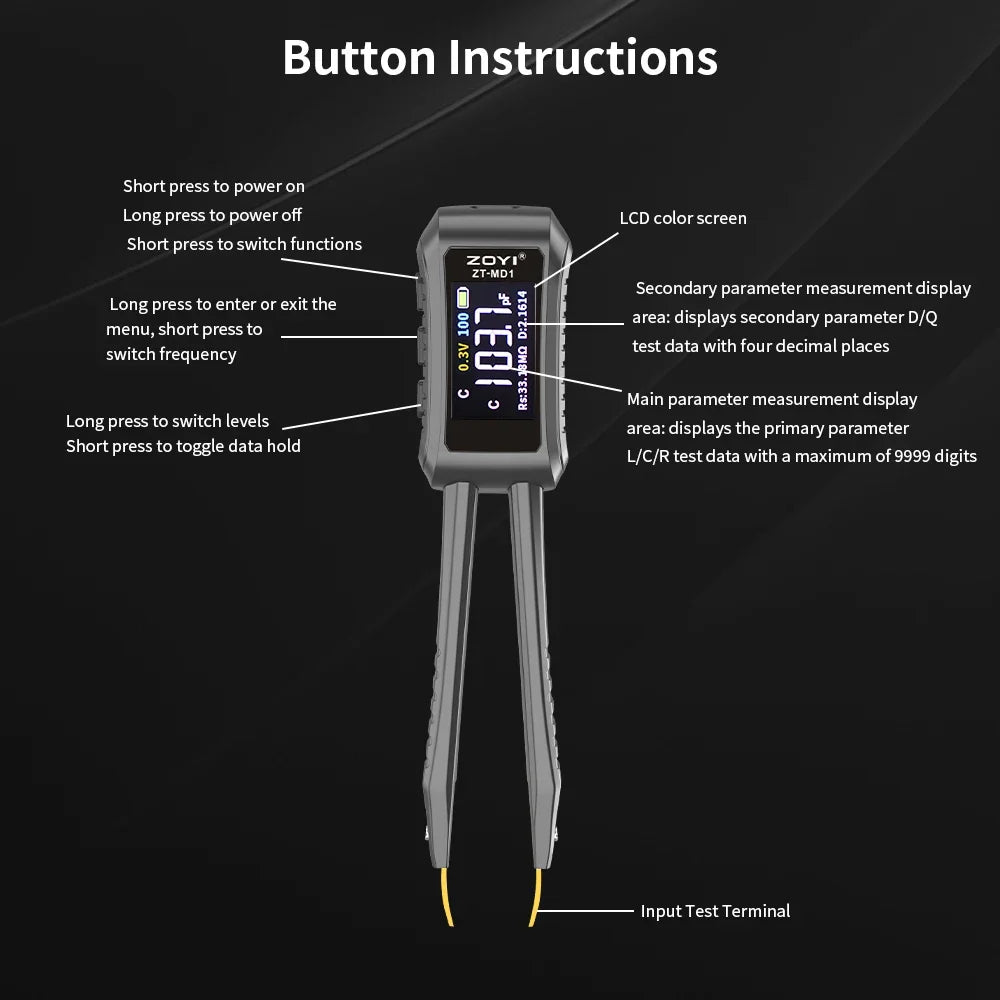 Multímetro Digital Portátil ZOYI ZT-MD1 (Tipo Pinza Inteligente) - Tester LCR/SMD (Resistencia/Capacitor/Inductor)