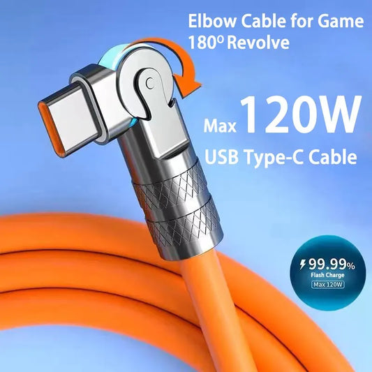 Cable USB Tipo C Carga Rápida 120W 7A con Codo Rotatorio 180° para Juegos Xiaomi/Redmi/Honor