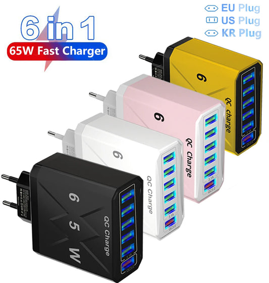 Adaptador Cargador Viaje Rápido USB 3.1A 6 en 1 Multi-Enchufe QC3.0 para iPhone 12/13/Samsung/Xiaomi