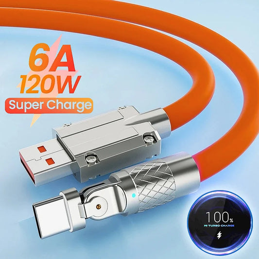 Cable USB Carga Rápida 120W 6A con Codo Rotatorio 180° para iPhone XS/11/12/13/Samsung/Huawei/Xiaomi/OPPO (Tipo C)
