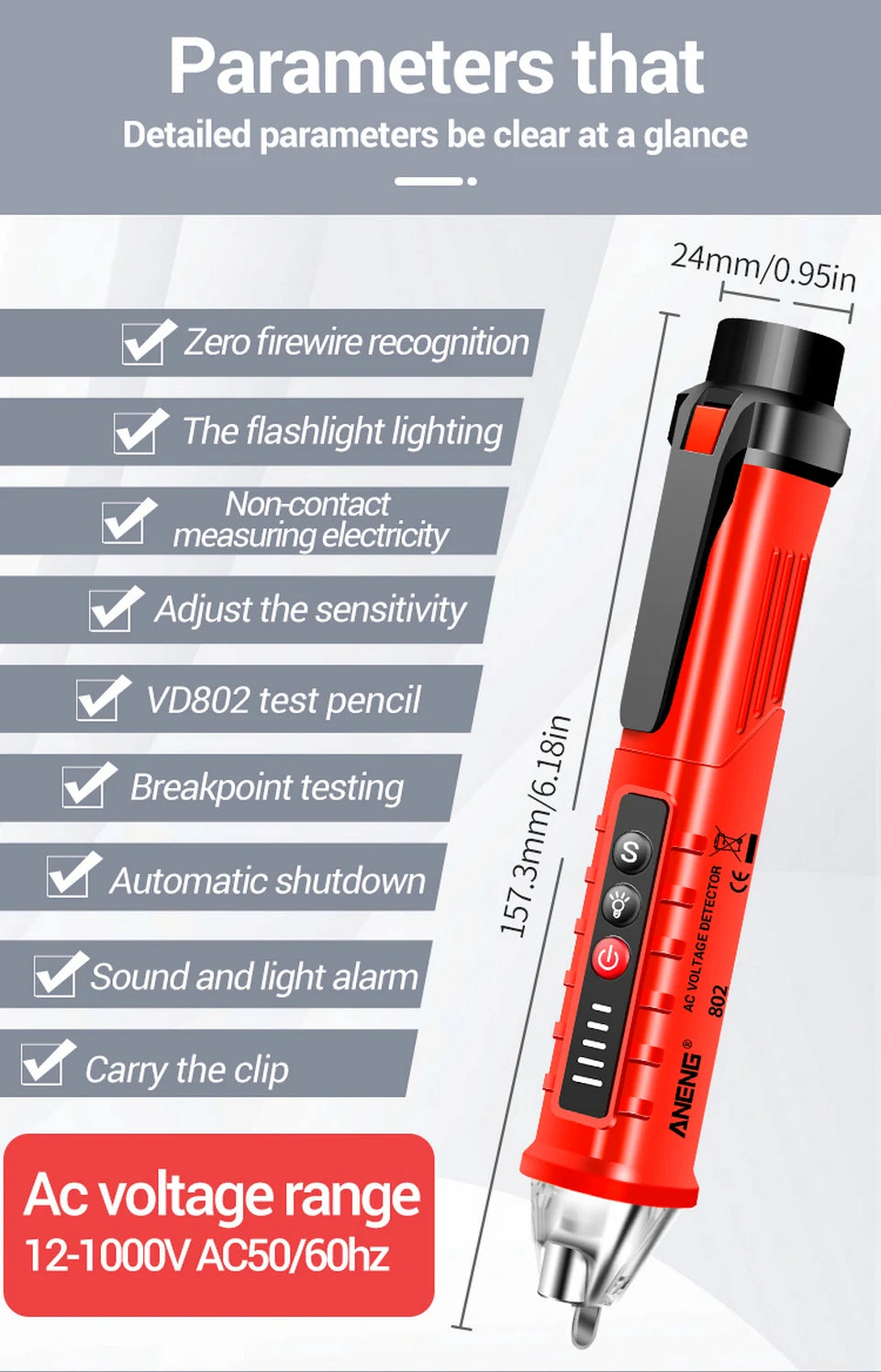 Lápiz Detector Voltaje AC Sin Contacto ANENG VD802 (12V-1000V) Indicador Eléctrico LED