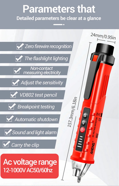 Lápiz Detector Voltaje AC Sin Contacto ANENG VD802 (12V-1000V) Indicador Eléctrico LED
