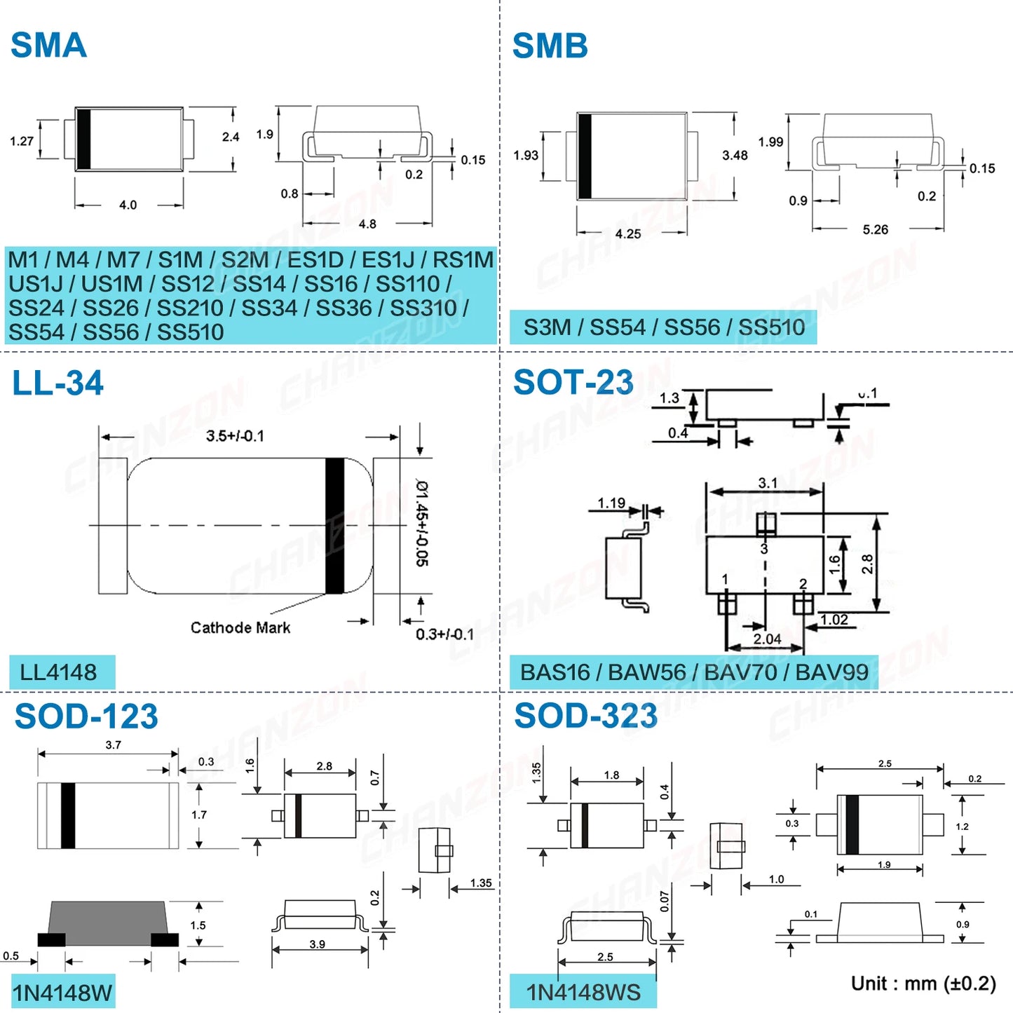 Diodo SMD - Varios Tipos: Schottky / Fast Recovery / Switching / Rectificador (M1-M7, S1M-S3M, SS14-SS36, LL4148, etc.) - Lote 100 Piezas
