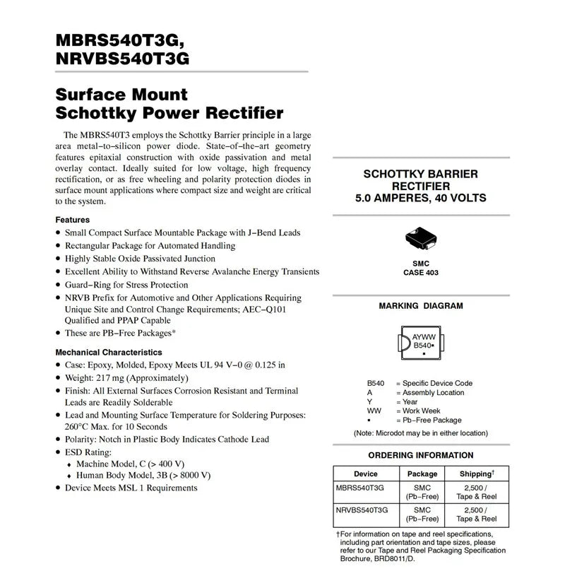 Diodo Rectificador Schottky Potencia MBRS540T3G (B540) SMD SMC 5A 40V - Lote 10 Piezas