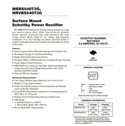Diodo Rectificador Schottky Potencia MBRS540T3G (B540) SMD SMC 5A 40V - Lote 10 Piezas