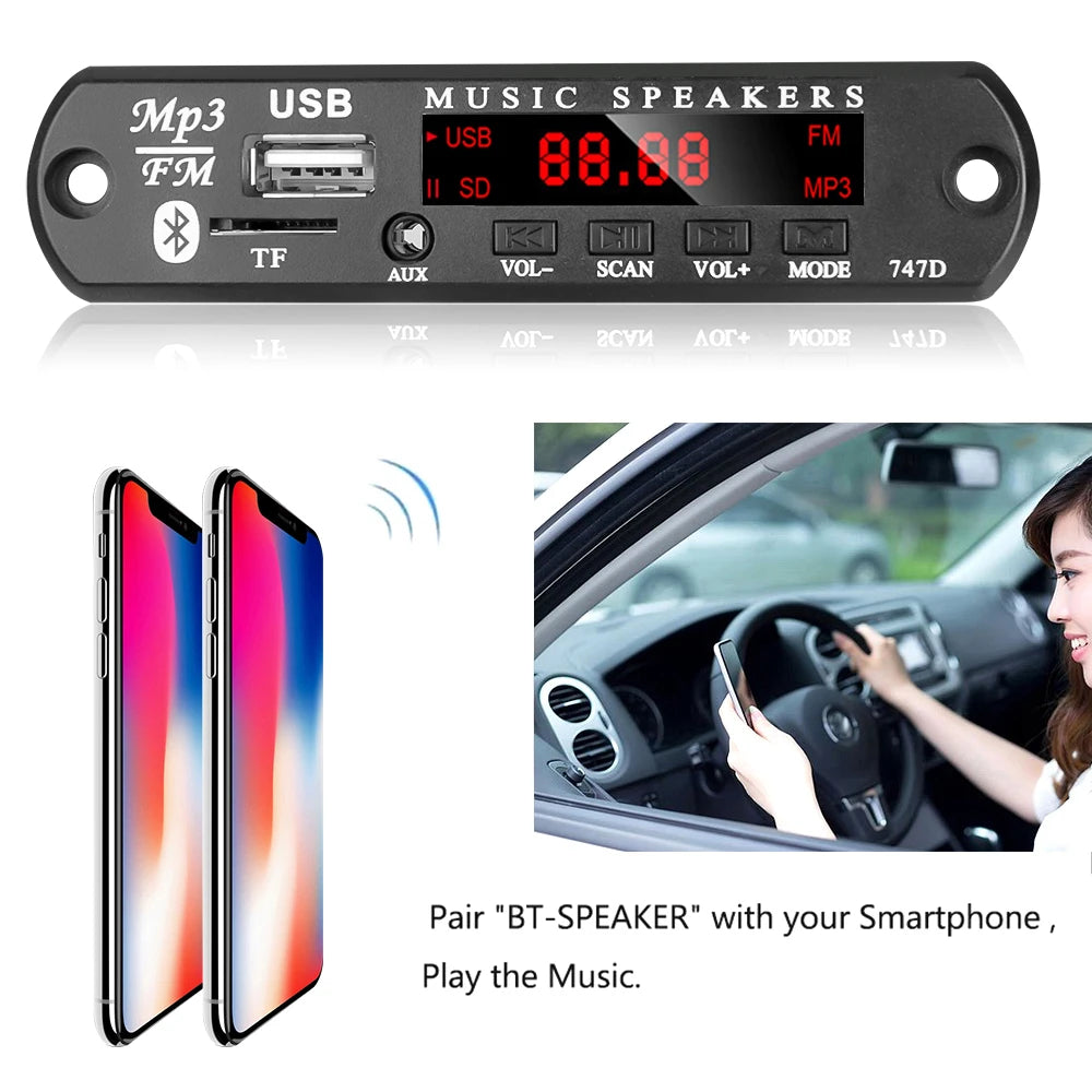 Módulo Decodificador MP3/WMA (9V/12V, Bluetooth 5.0) Reproductor Música Inalámbrico Lossless USB/AUX/TF/Radio FM con Control Remoto (1-5 Unidades)