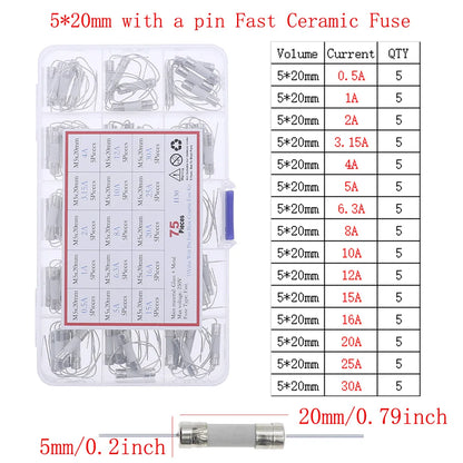 12V-250V Slow Fast Glass Fuse With Lead Wire Mix kit 0.1A 0.25A 0.5A 1A 2A 2.5A 3A 3.15A 4A 5A 6A 6.3A 8A 10A 15A 16A 20A 30A